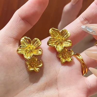 黄金桃花耳环新款999足金花朵耳钉女大花纯金耳饰时尚大气金耳环