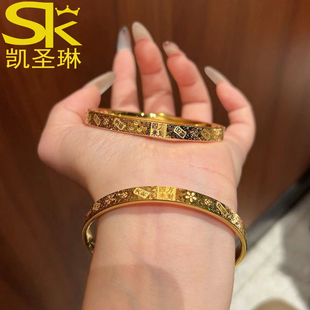 5D黄金四方来财手镯女999足金大气吉言碎碎冰纯金手环金镯子送礼