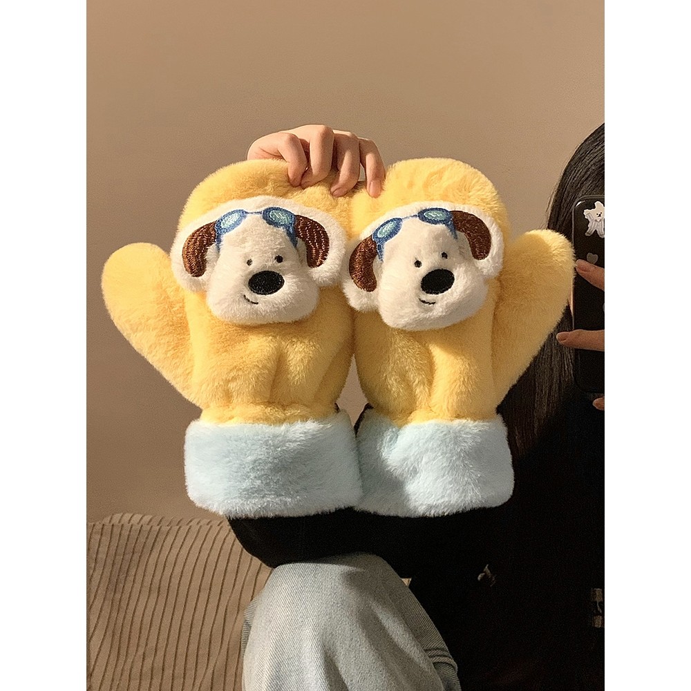 可爱小狗毛绒连指手套女冬季保暖挂脖加绒加厚情侣防寒防风骑行车