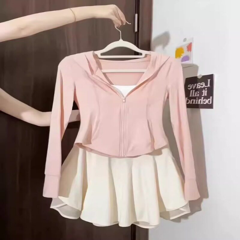 粉色冰丝防晒运动衣女2025新款修身收腰瑜伽服短款上衣小个子外套
