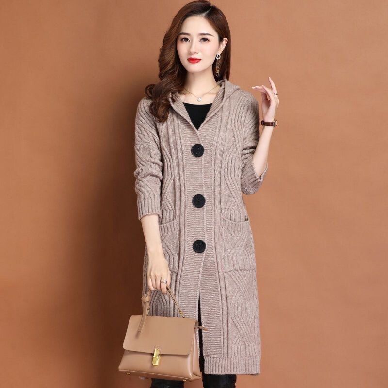 中长款连帽毛衣外套女2025秋冬韩版宽松慵懒风麻花加厚针织衫开衫