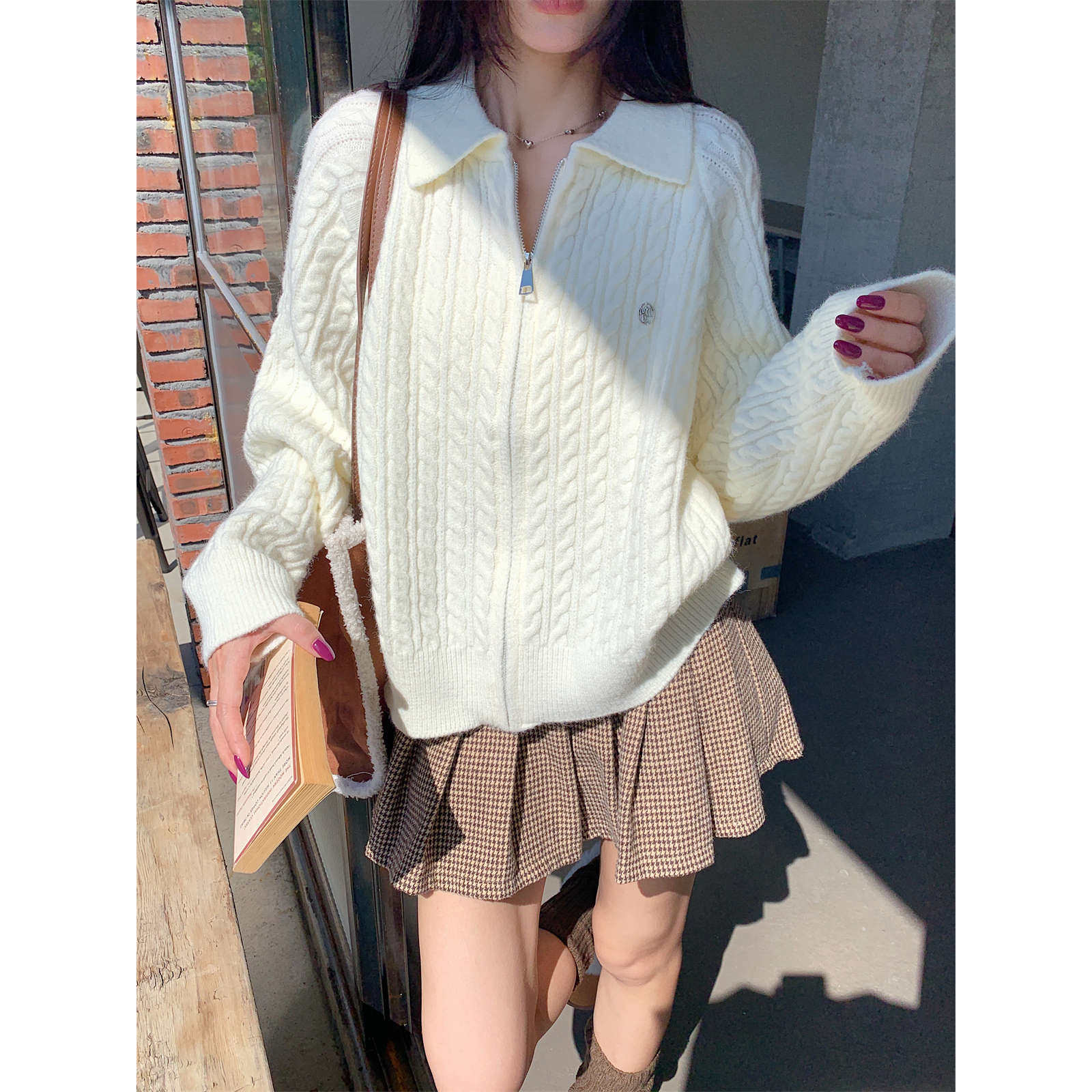 复古Polo翻领麻花拉链款毛衣开衫女秋冬季韩版学院风长袖上衣外套