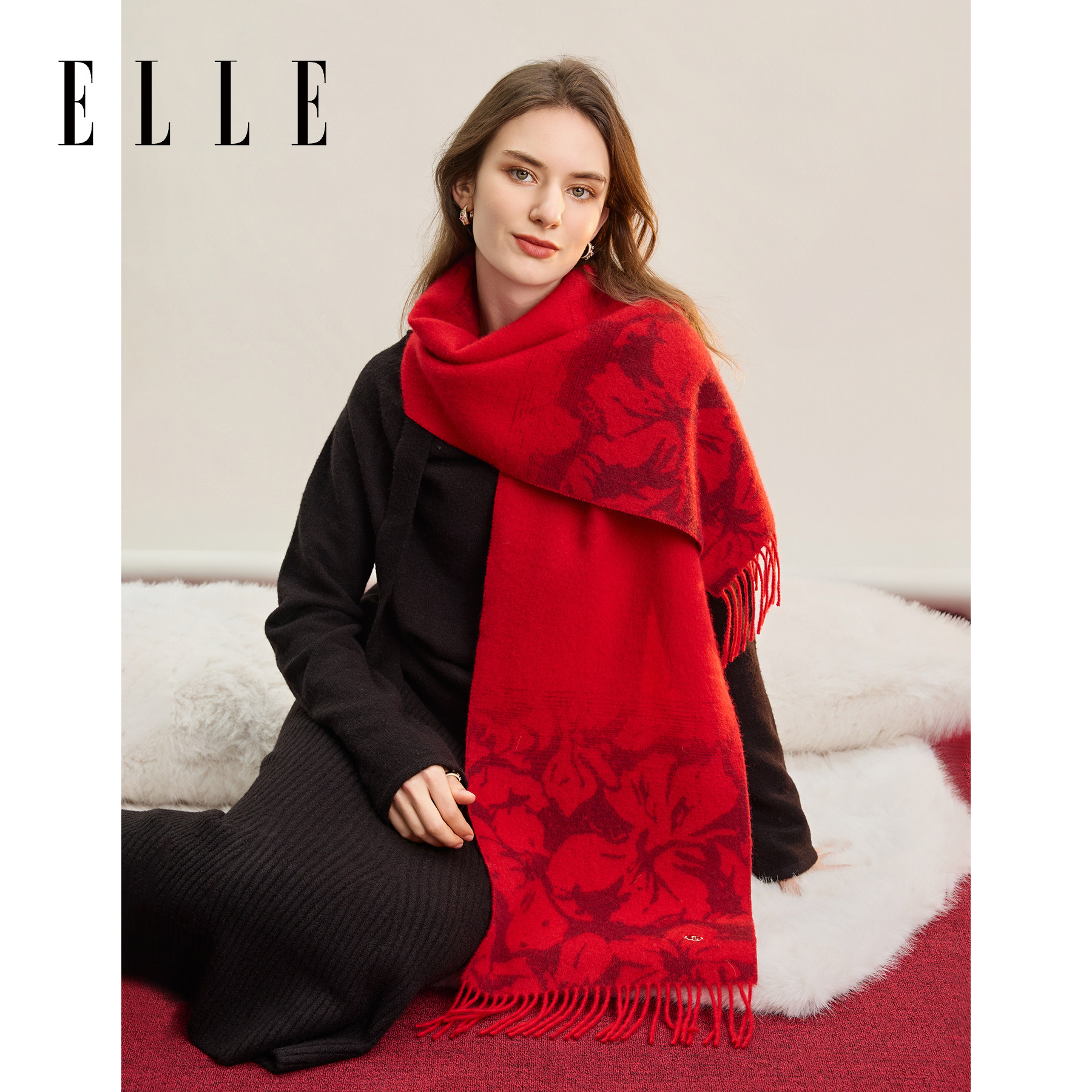 ELLE100%山羊绒花卉红色提花围巾女士冬季保暖送礼礼盒装新年围脖,服饰配件/皮带/帽子/围巾,围巾/丝巾/披肩,淘宝优惠券,粉丝福利购,淘宝优惠卷