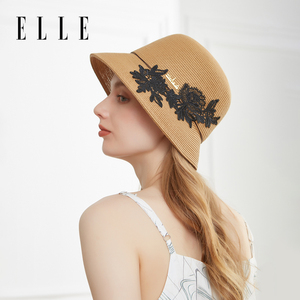 ELLE草帽女士夏季时尚防晒法式优雅盆帽海边沙滩蕾丝贴花渔夫帽子