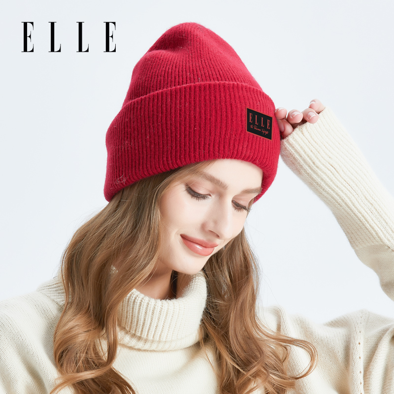 ELLE双层纯绵羊毛针织帽女秋冬