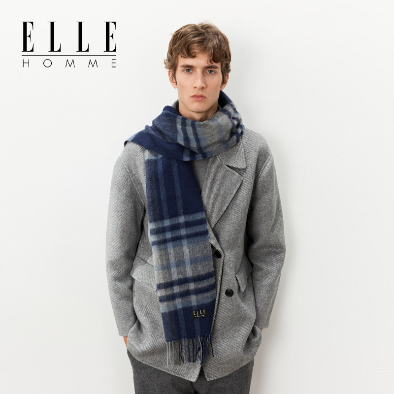 ELLE HOMME100%纯羊毛围巾男士秋冬季保暖百搭格子格纹围脖送礼