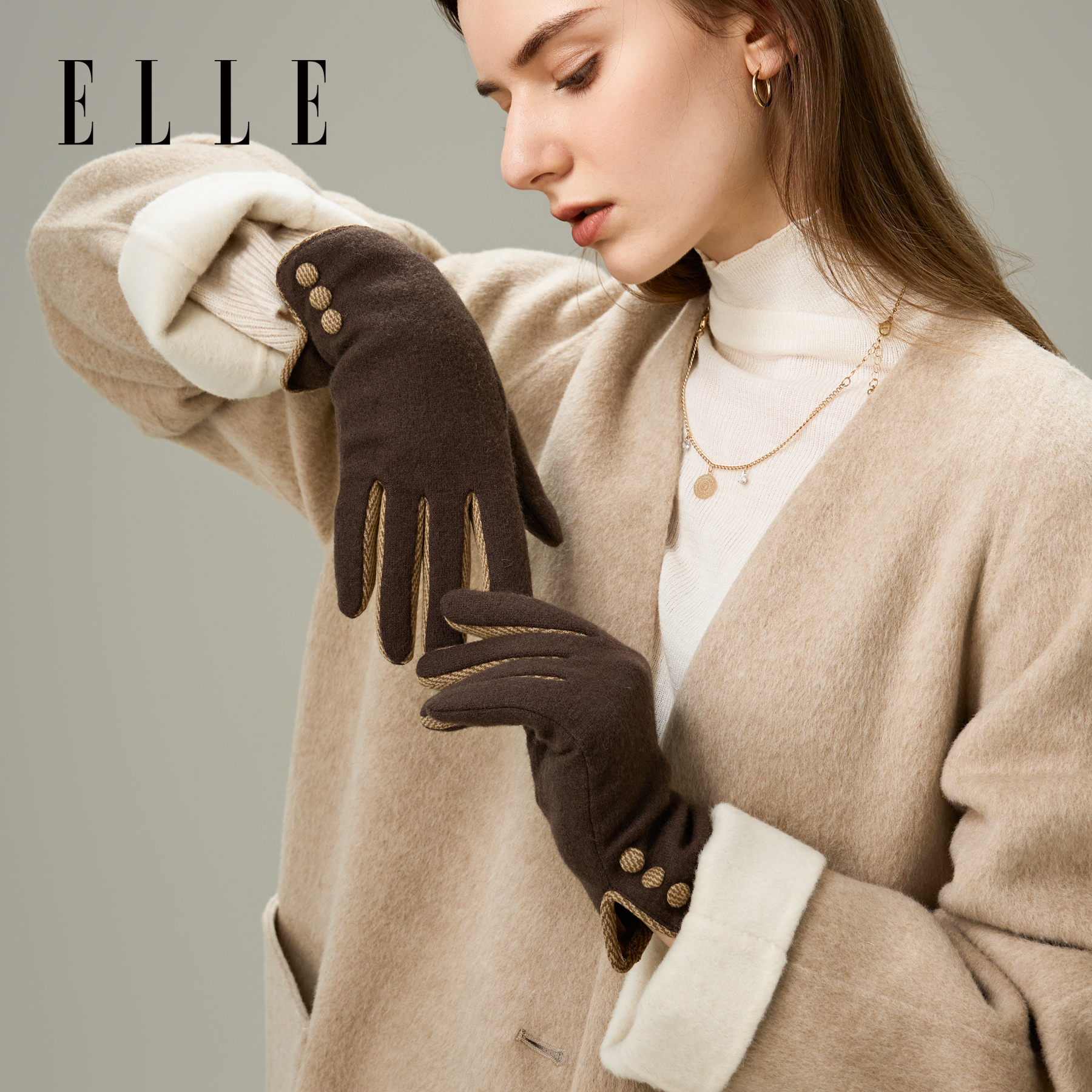 ELLE羊毛手套女士秋冬季户外加绒加厚保暖可触屏分指开车百搭时尚