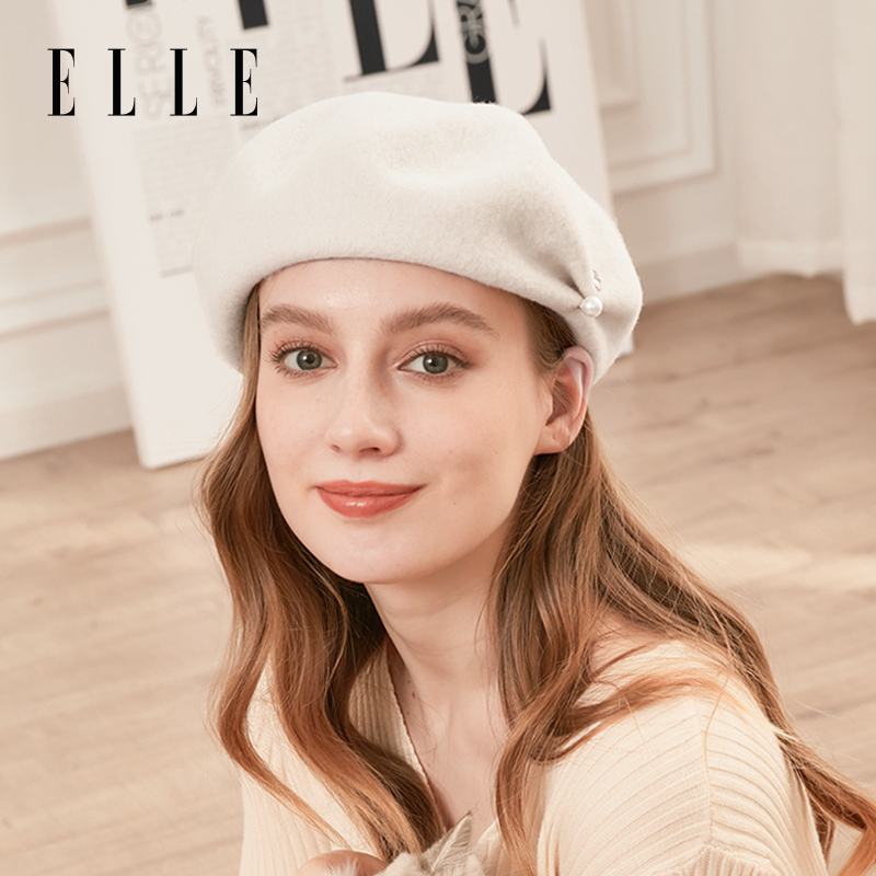 ELLE100%羊毛贝雷帽女士秋冬季保暖时尚百搭复古画家南瓜蓓蕾帽子