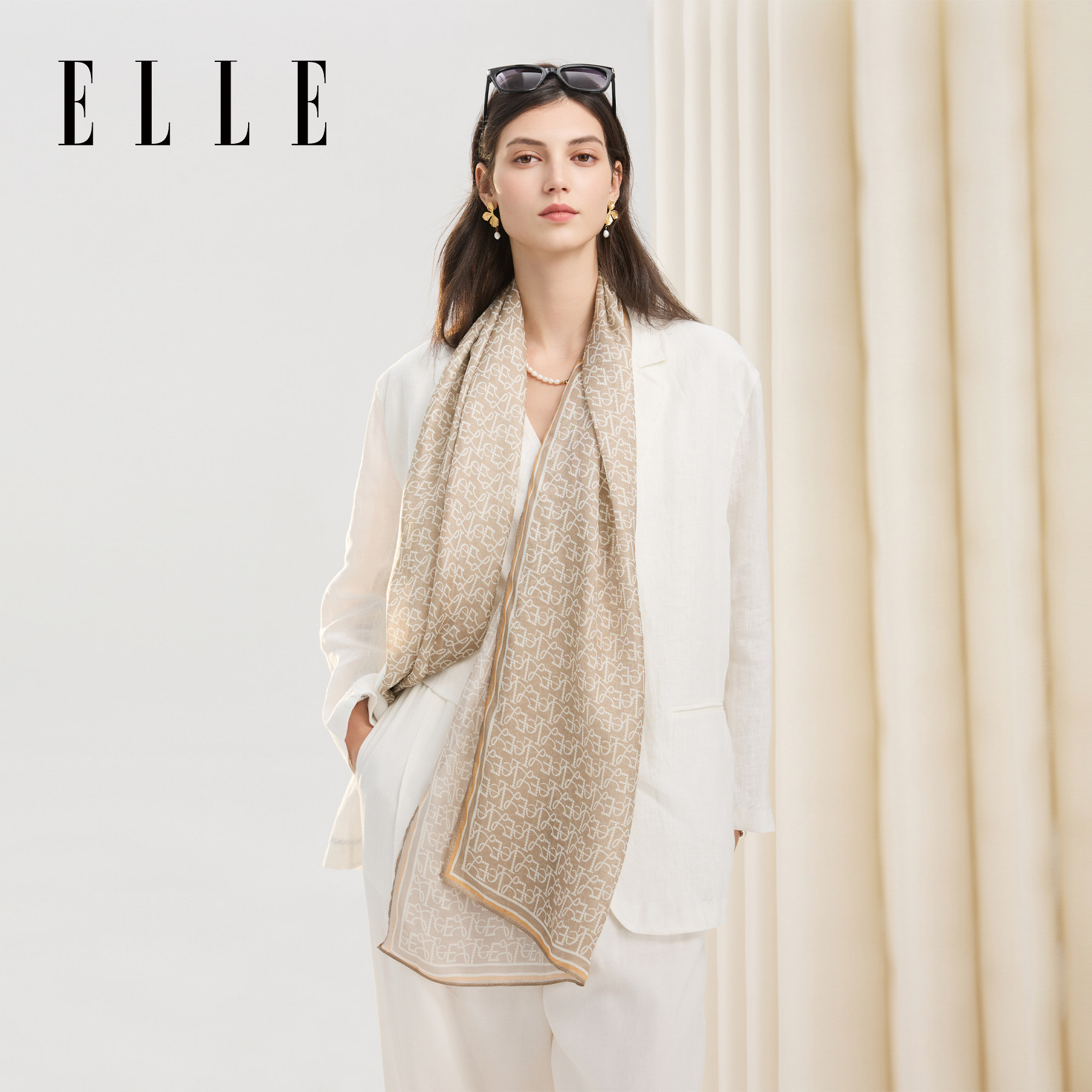 ELLE100%桑蚕丝真丝丝巾女春夏季时尚百搭长条系脖送礼礼盒装围巾