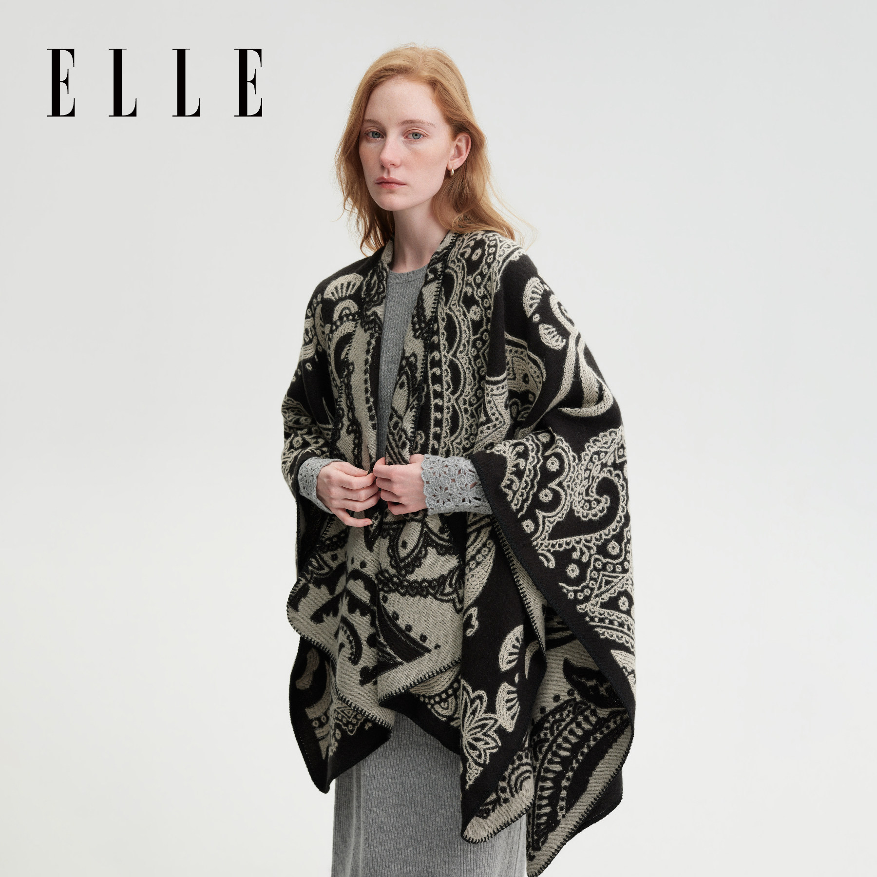ELLE浮雕提花披肩女士秋冬保暖时尚百搭法式复古外搭披风斗篷新款