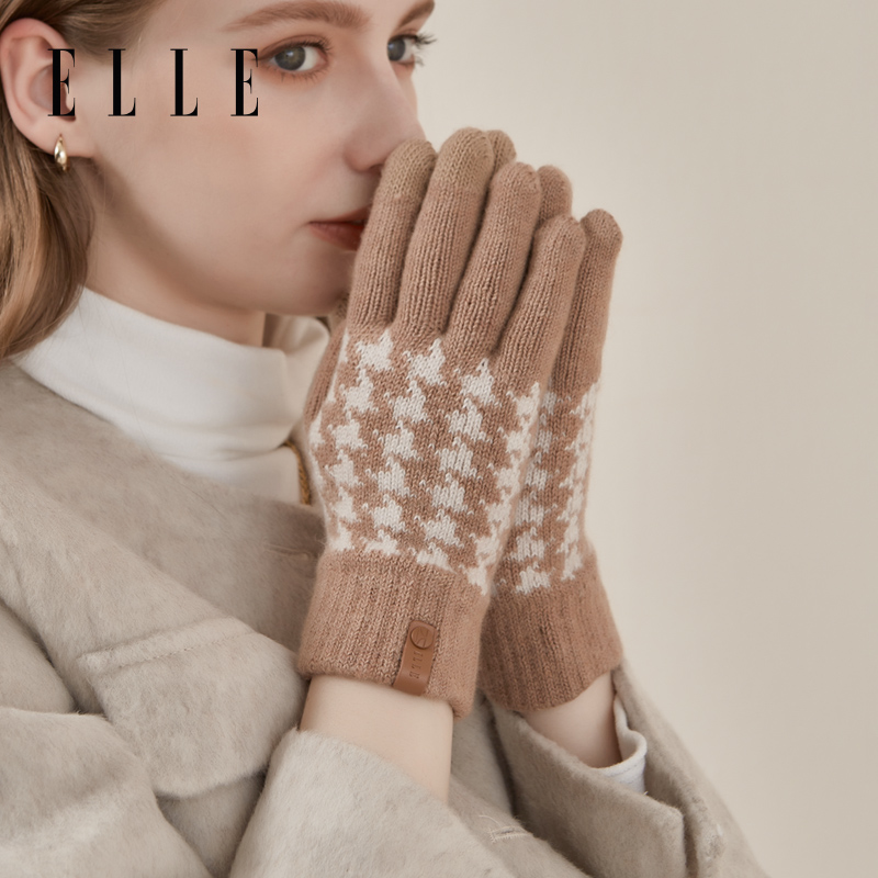 ELLE女羊毛分指手套可触屏