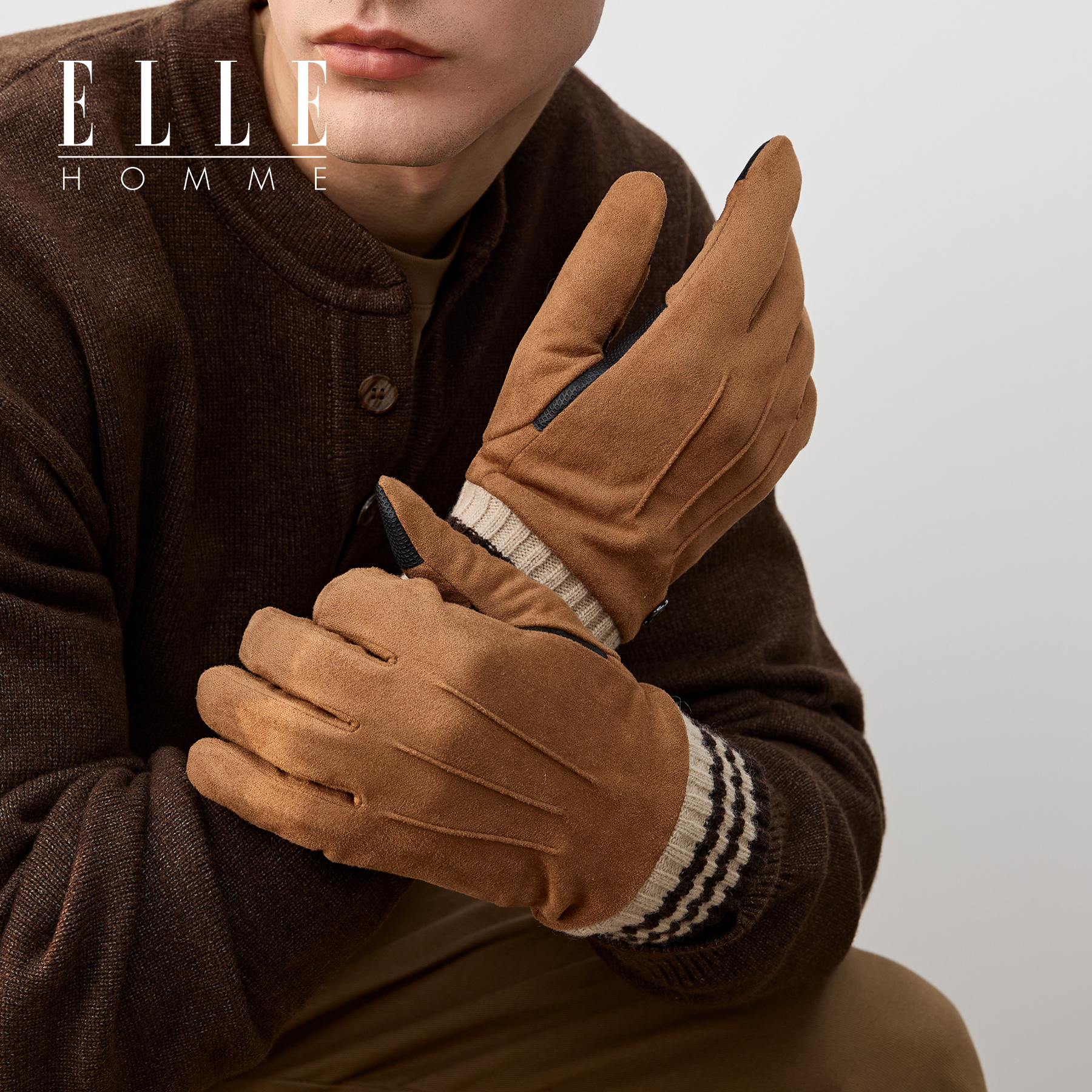 ELLE HOMME仿麂皮绒手套男士加绒加厚保暖户外百搭可触屏分指开车