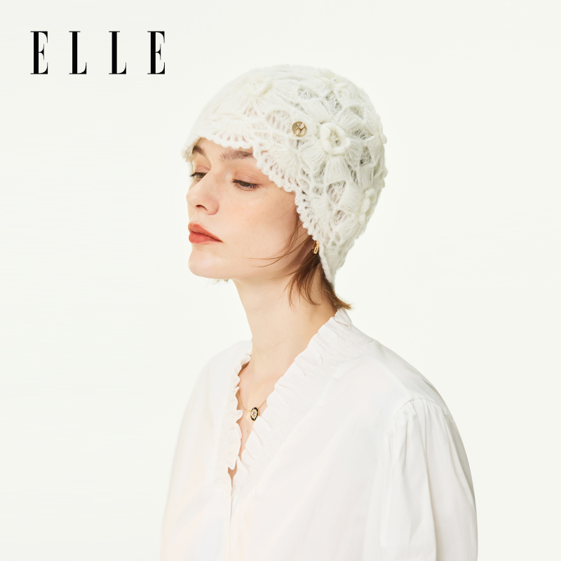 ELLE手钩镂空花瓣针织帽女士春秋季户外时尚百搭花朵薄款毛线帽子