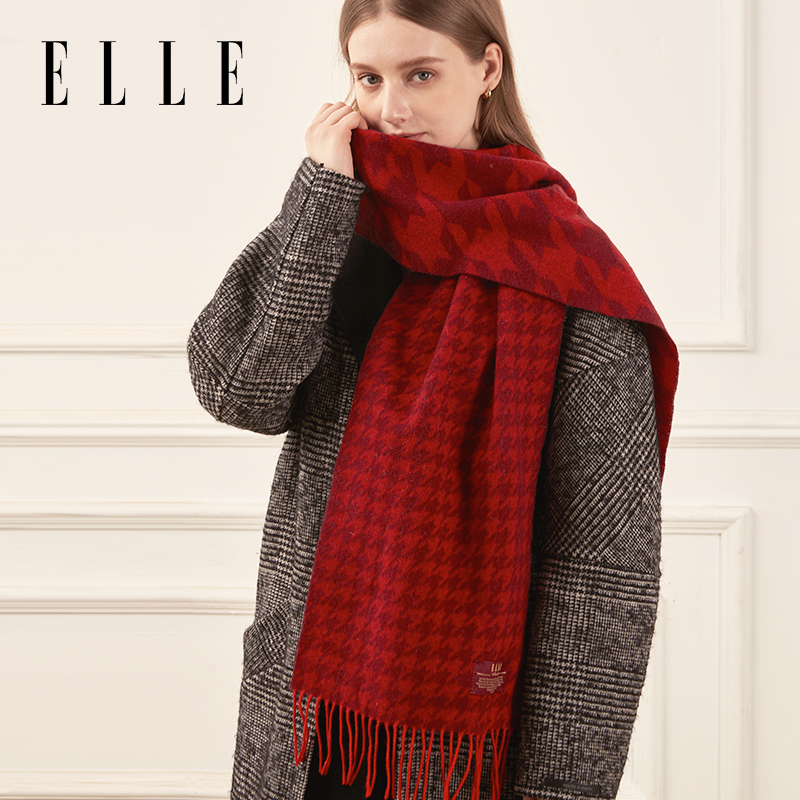ELLE100%羊毛女士千鸟格围巾