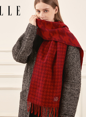 ELLE100%绵羊毛围巾女冬季保暖送礼礼盒装时尚千鸟格红色提花围脖