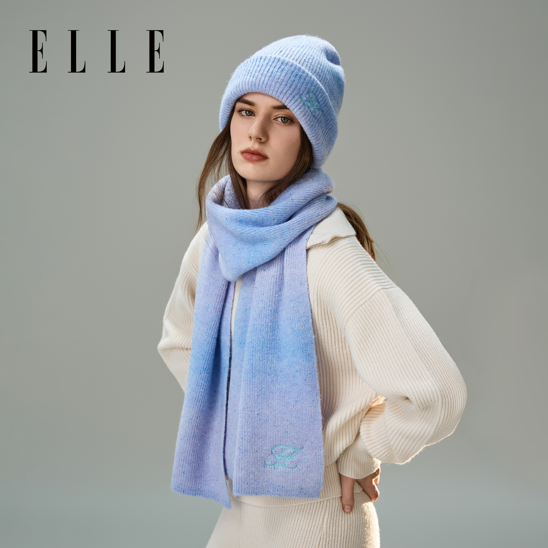 ELLE渐变刺绣针织围巾女士秋冬季户外保暖时尚百搭休闲围脖礼盒装