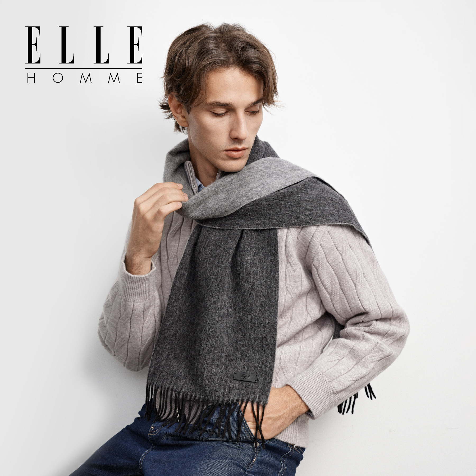 ELLE HOMME男士羊毛围巾秋冬保暖双面纯色送礼礼盒装商务围脖新款