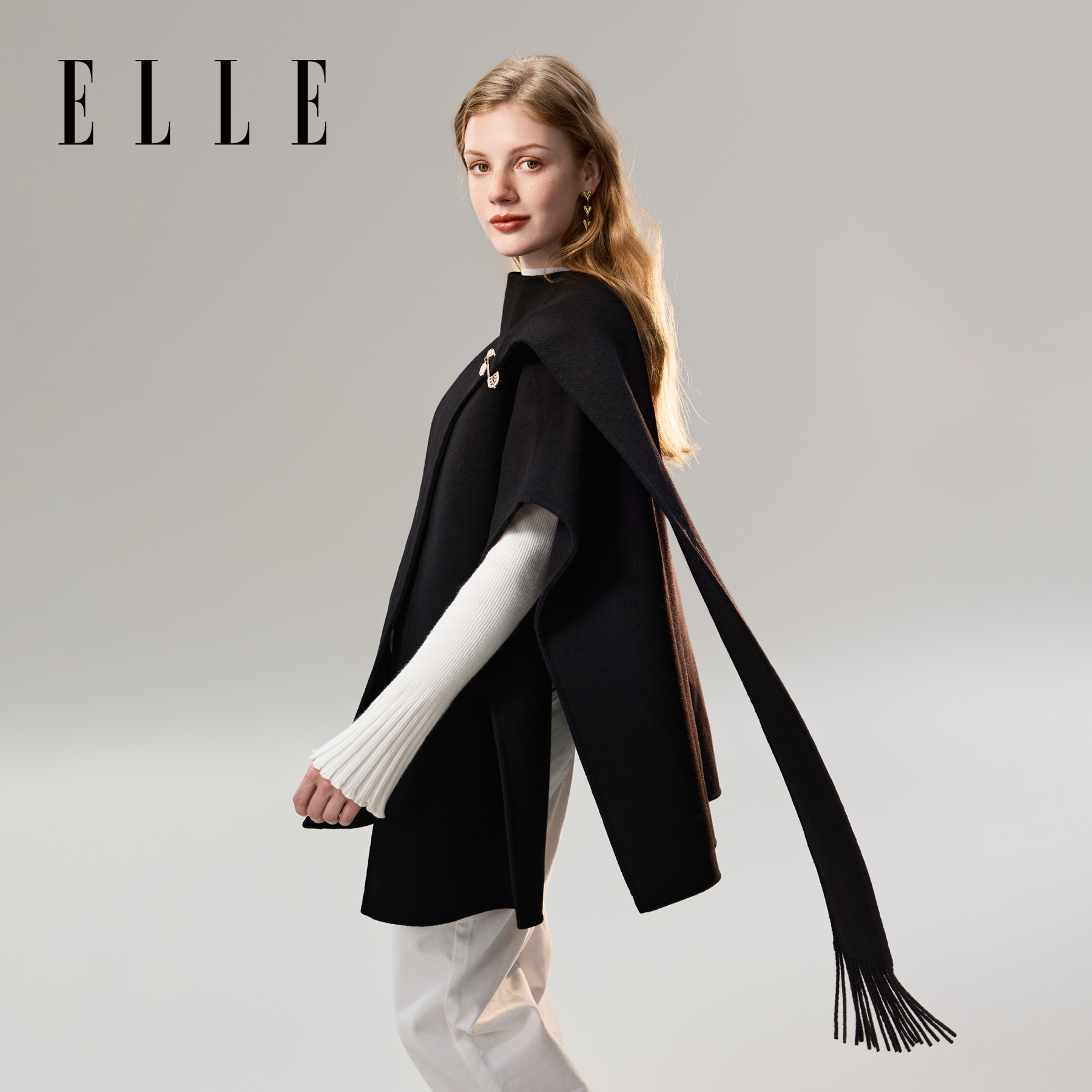 ELLE羊毛披肩斗篷女士围巾