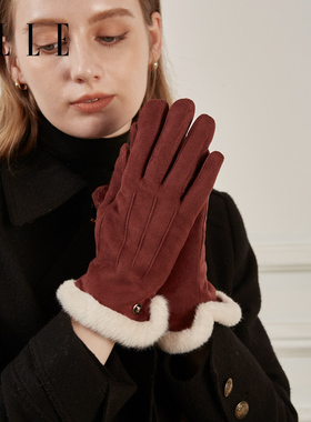 ELLE红色毛绒手套女士秋冬季加绒户外保暖仿麂皮绒分指可触屏开车
