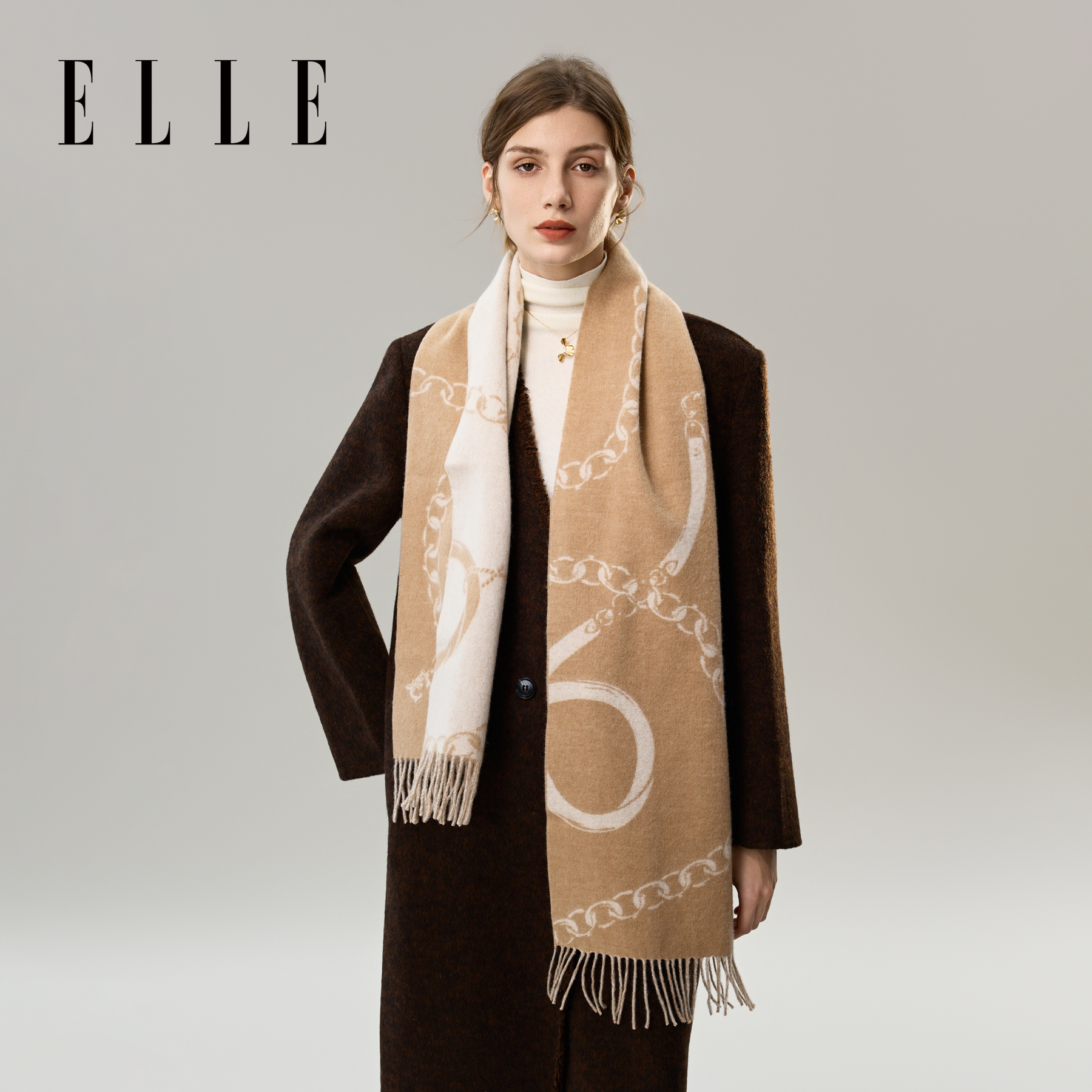 ELLE100%绵羊毛围巾女士秋冬季