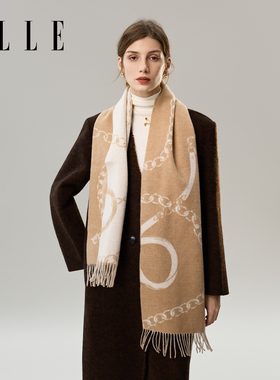 ELLE100%绵羊毛围巾女士秋冬季时尚新款保暖提花两用围脖送礼礼盒