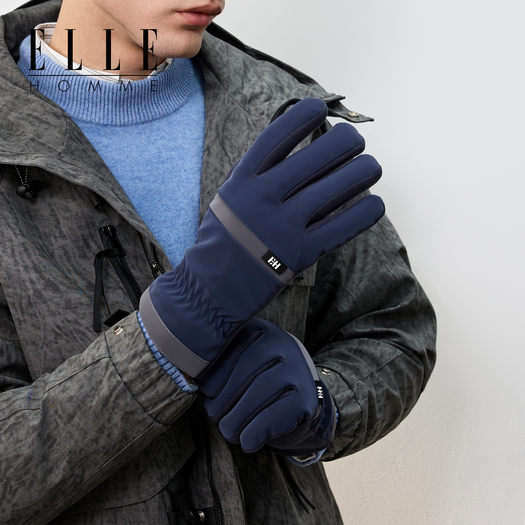 ELLE HOMME手套男士加绒加厚户外保暖分指可触屏骑车防风时尚百搭