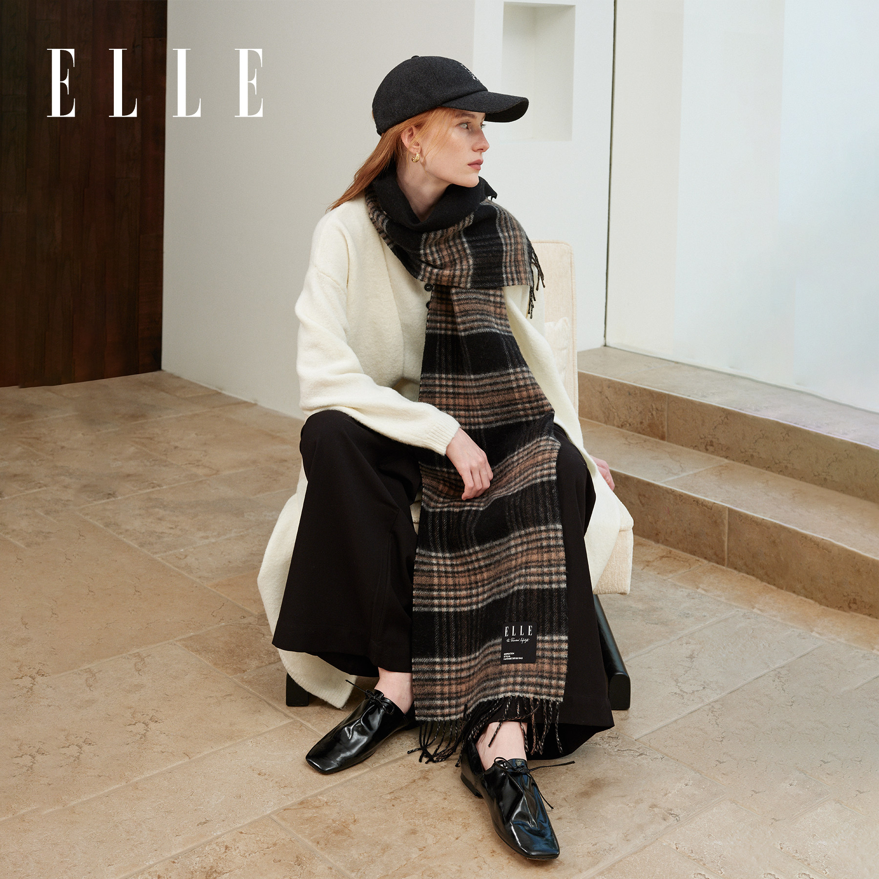 ELLE100%绵羊毛围巾女士秋冬季保暖百搭送礼礼盒格纹双面加厚围脖