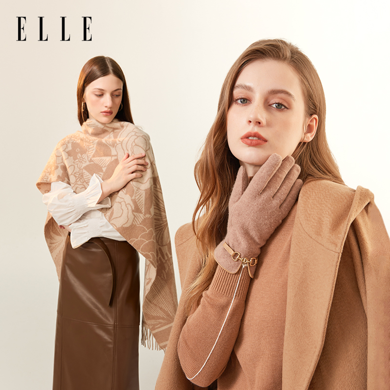 ELLE羊毛花卉提花围巾围脖/分指可触屏手套加绒女秋冬季户外保暖