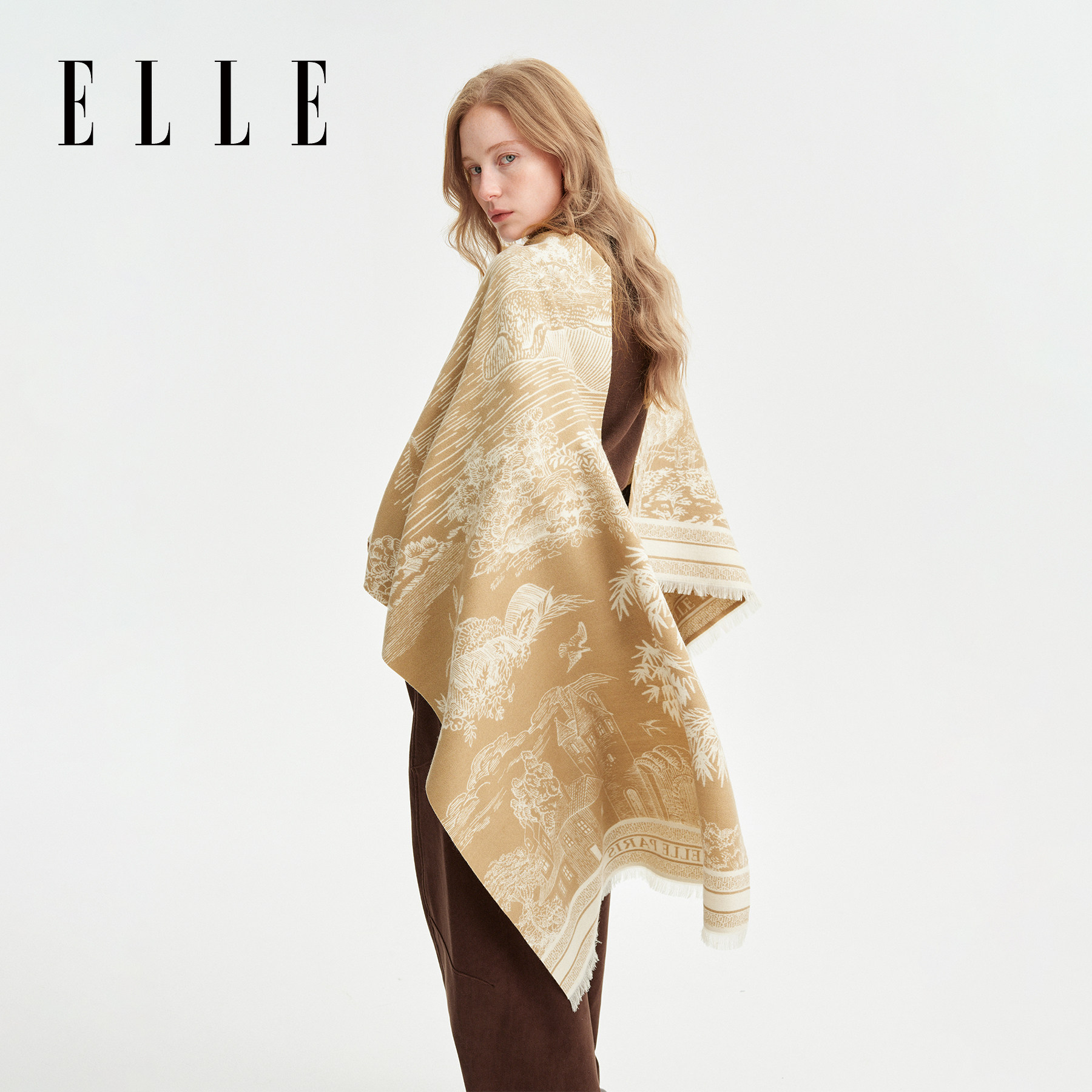 ELLE秋冬手绘风景保暖披肩斗篷图片