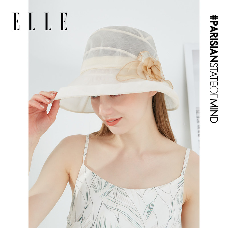 ELLE真丝帽女士夏季遮阳户外旅游时尚优雅花朵100%桑蚕丝沙滩盆帽