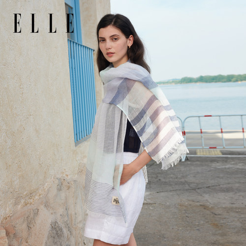 ELLE亚麻条纹丝巾女士春夏季户外时尚遮阳气质百搭法式高级感围脖