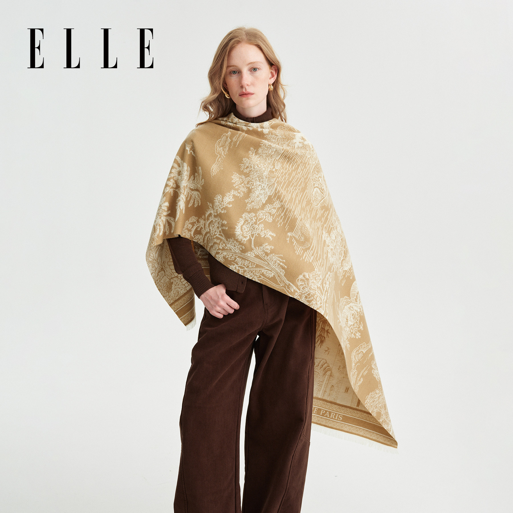 ELLE手绘风景提花披肩女士秋冬季保暖时尚大尺寸围巾外搭披风斗篷