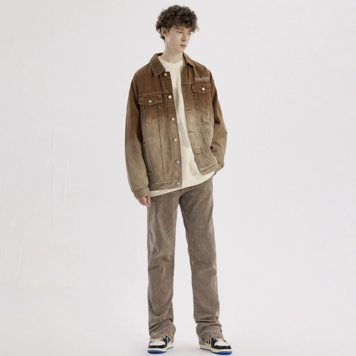 Джинсовая мужская ретро трендовая куртка для влюбленных, градиент, в американском стиле, оверсайз, с вышивкой