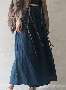 原创春夏休闲文艺宽松阔腿麻裤 复古手工线加大加显瘦裙裤K2075