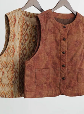 原创数码印花对襟夹棉马甲 复古磨毛怀旧混搭纯棉加厚马甲M25323