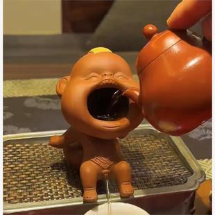 趣味紫砂尿童茶宠家用可养撒尿娃娃茶玩茶台摆件装 饰喷水茶壶茶趣