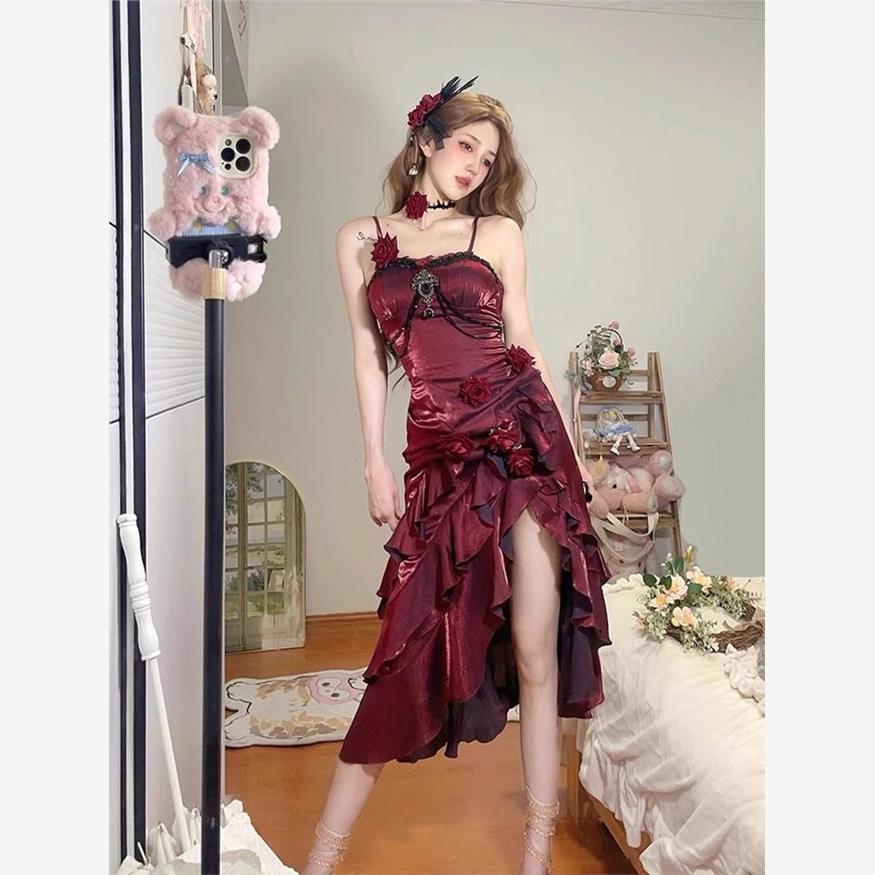红色玫瑰礼服lolita鱼尾裙洛丽塔优雅女神御姐成人里礼服生日裙