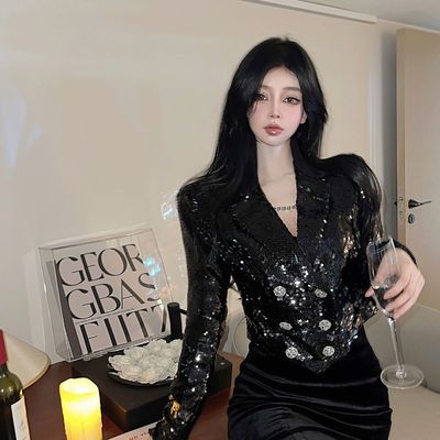 短款黑色亮晶晶外套女性