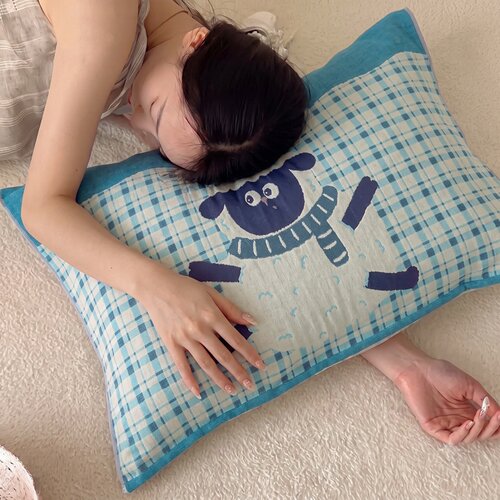 全棉六层纱布枕巾格子防油防口水四季通用柔软卧室家用50x80cm