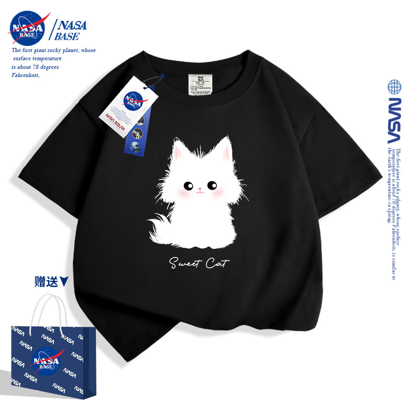 NASA小猫女童短袖t恤2024新款夏季纯棉宽松洋气女孩上衣儿童夏装