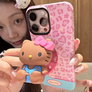 甜酷风粉豹纹拼色立体黑皮hellokitty磁吸支架适用苹果iphone16promax手机壳15pro防摔14保护套13菲林手机壳