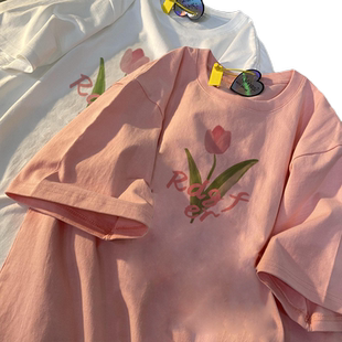 ins风郁金香印花别致圆领短袖t恤女小众时尚纯棉中长款圆领上衣服