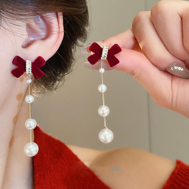 chomelkinsey红色蝴蝶结珍珠耳环流苏女显脸小轻奢高级感秋冬耳钉