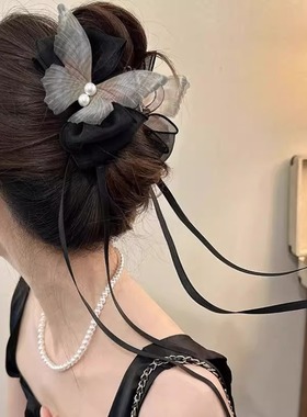 last kiss 黑色蝴蝶结抓夹飘带鲨鱼夹发夹女后脑勺盘发神器发饰女