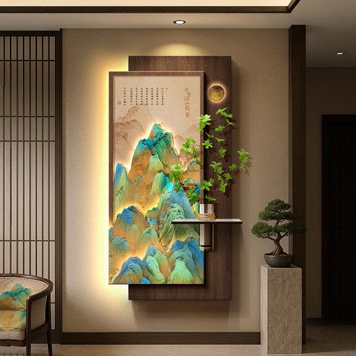 千里江山图玄关装饰画2026新款侘寂风走廊过道挂画水培绿植灯光画