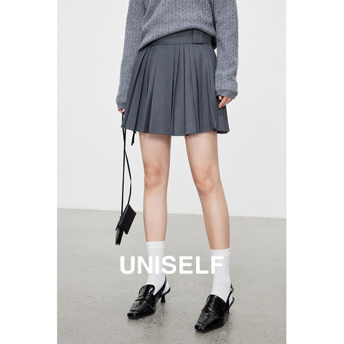 UNISELF复古高腰百褶半身裙女2024秋冬新款时髦显瘦百搭A字短裙