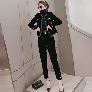 小香风金丝绒修身显瘦短外套套装西装裤春秋名媛气质减龄两件套女