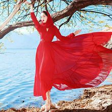 复古民族风红色拍照旅行连衣裙雪纺长袖大摆海边旅游度假沙滩长裙
