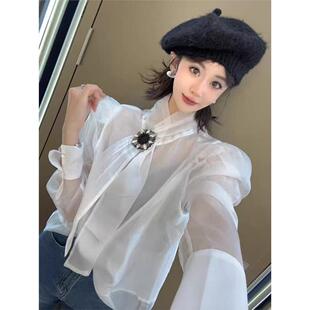 气质钻扣领带雪纺纱衬衫女2026秋冬新款时尚薄款透视长袖上衣女