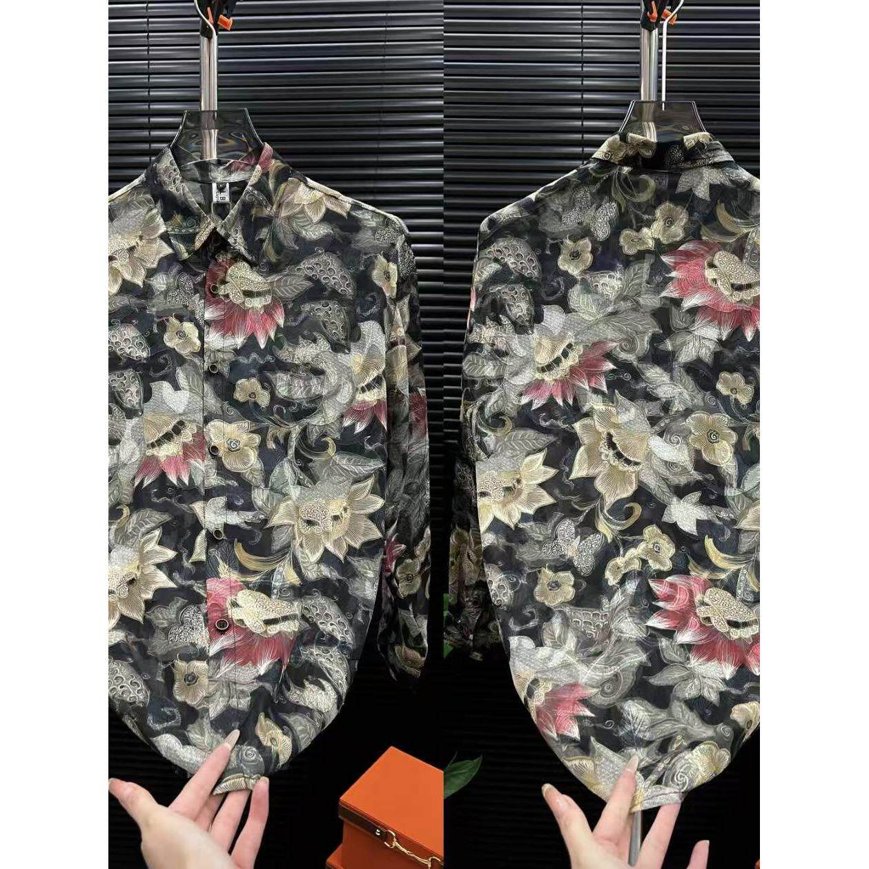 男士春夏新款商务时尚潮流韩版帅气洋气百搭轻奢简约花纹衬衫9052